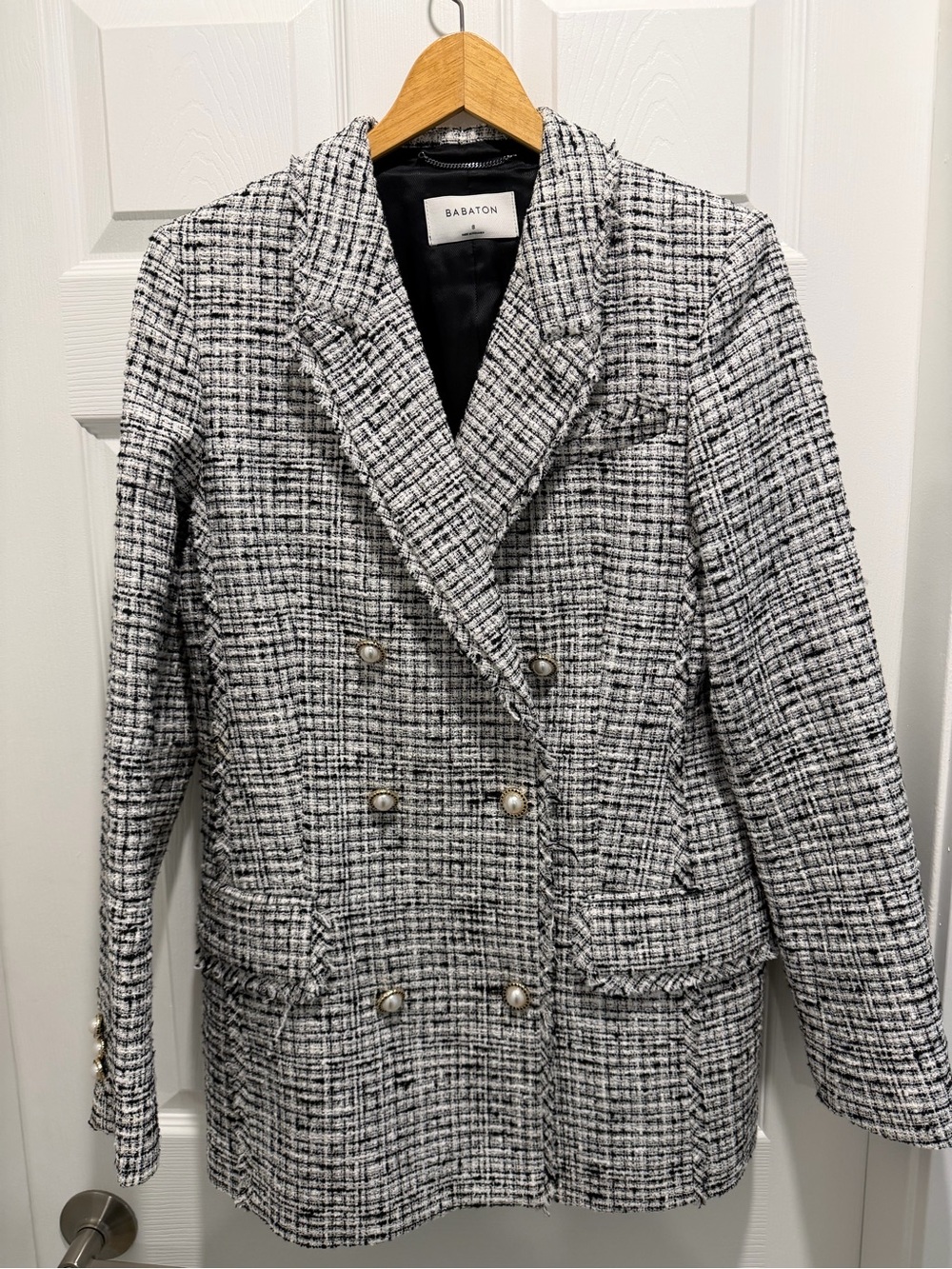 Babaton Black and White Tweed Double-Breasted Blazer with Pearl Buttons